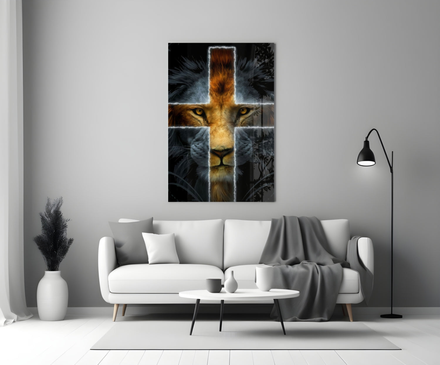Glowing Cross Faith Lion Glass Wall Art
