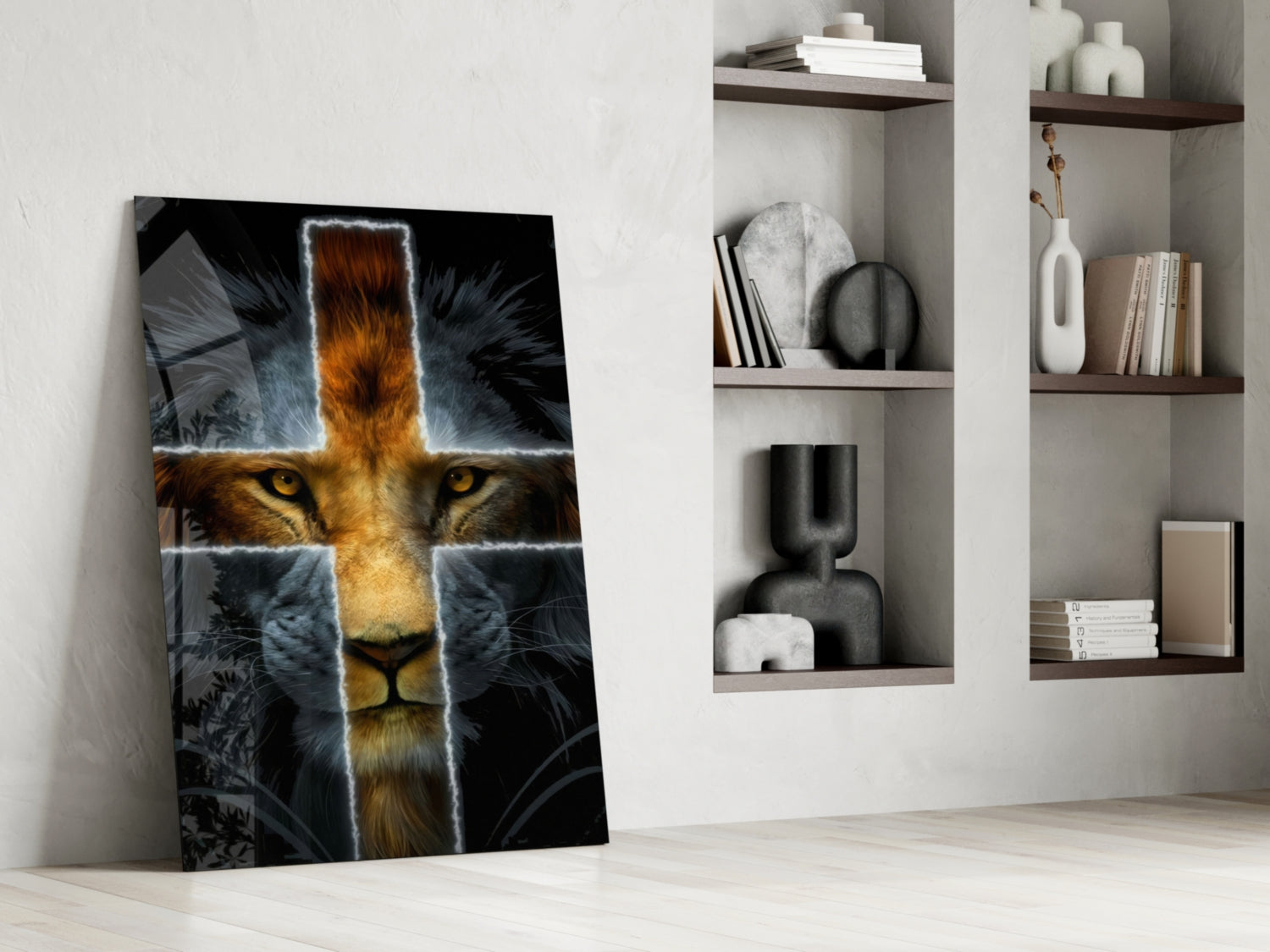Glowing Cross Faith Lion Glass Wall Art