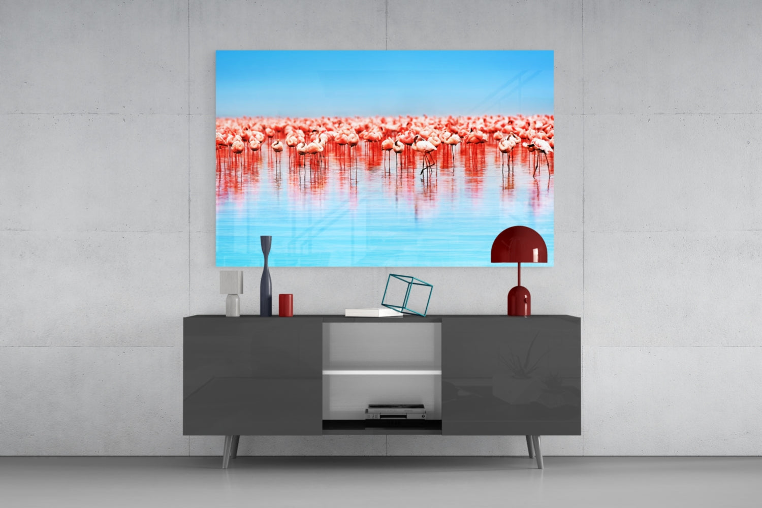 Pink Flock On Blue Lake Flamingos Glass Wall Art