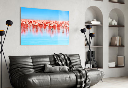 Pink Flock On Blue Lake Flamingos Glass Wall Art