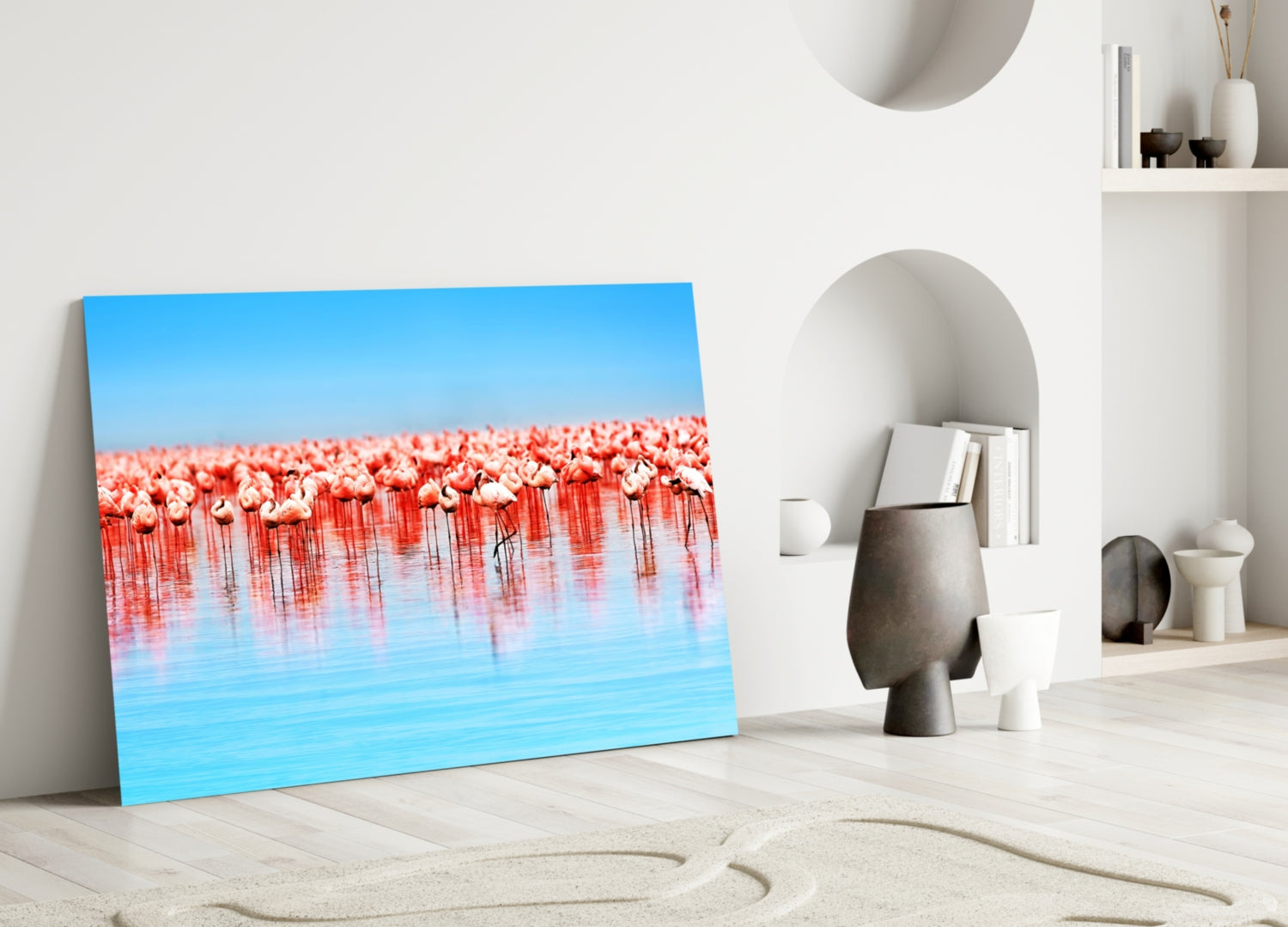 Pink Flock On Blue Lake Flamingos Glass Wall Art