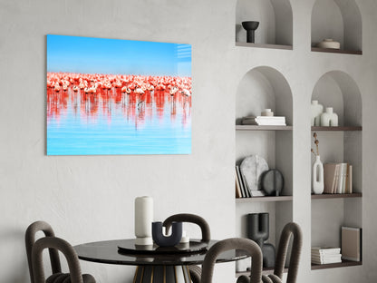 Pink Flock On Blue Lake Flamingos Glass Wall Art