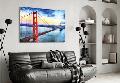 Golden Gate Bridge at Dusk Over Bay Glass Wall Art