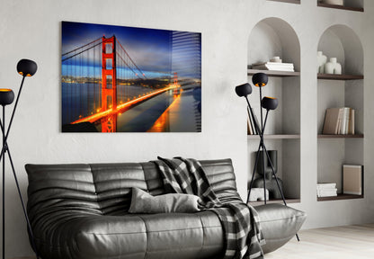 Golden Gate Bridge Night Lights Blue Hour Glass Wall Art