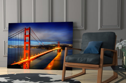Golden Gate Bridge Night Lights Blue Hour Glass Wall Art