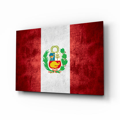 Deep Crimson Grunge Peru Coat of Arms Flag Glass Wall Art