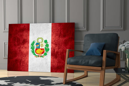 Deep Crimson Grunge Peru Coat of Arms Flag Glass Wall Art