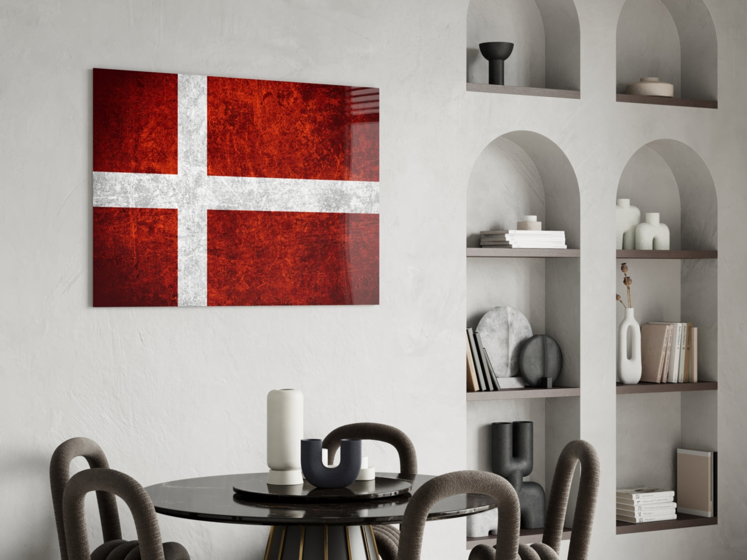 Deep Burgundy Weathered Denmark Cross Flag Glass Wall Art