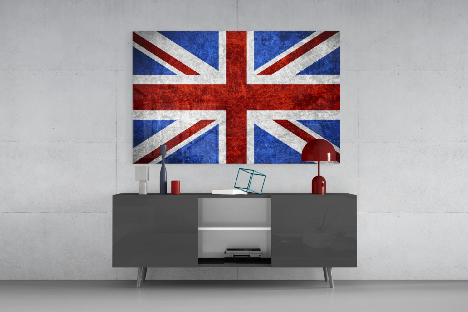 Chalky Crimson And Royal Blue Union Jack Glass Wall Art