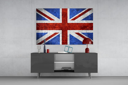 Chalky Crimson And Royal Blue Union Jack Glass Wall Art