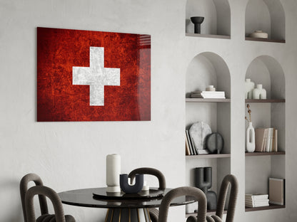 Deep Dark Red Weathered Swiss Cross Flag Glass Wall Art