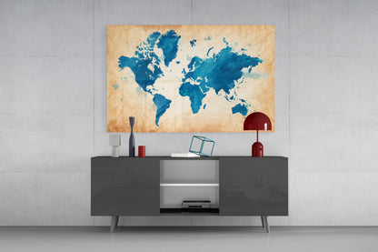 Blue Watercolor World Map Kraft Glass Wall Art