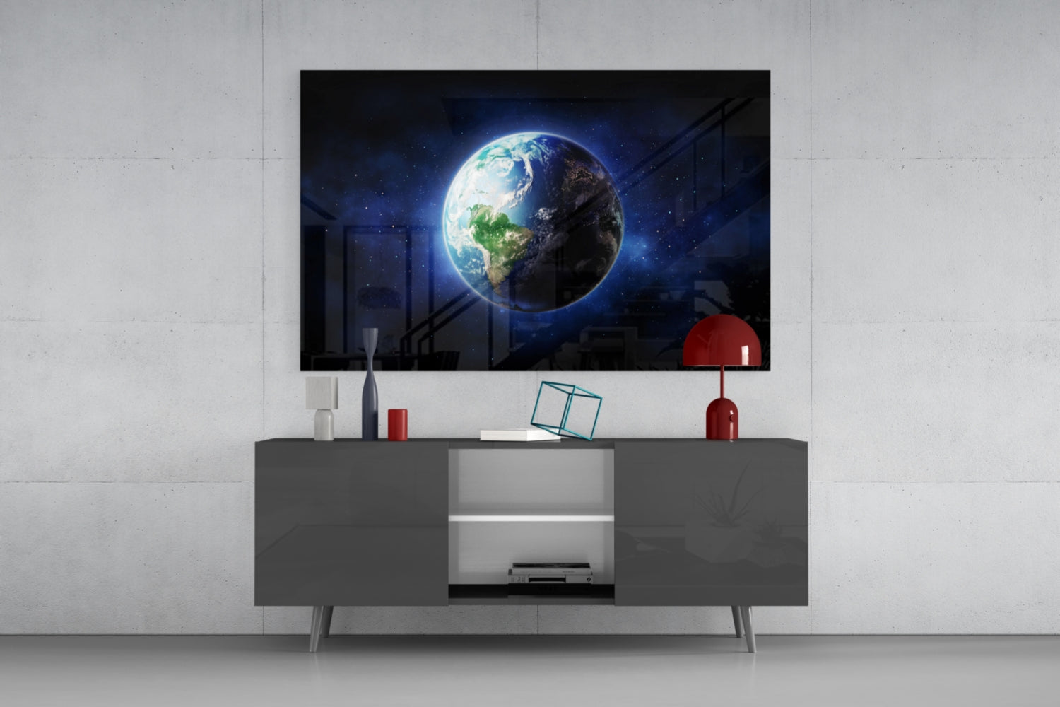 Half Lit Earth in Starry Blue Nebula Glass Wall Art