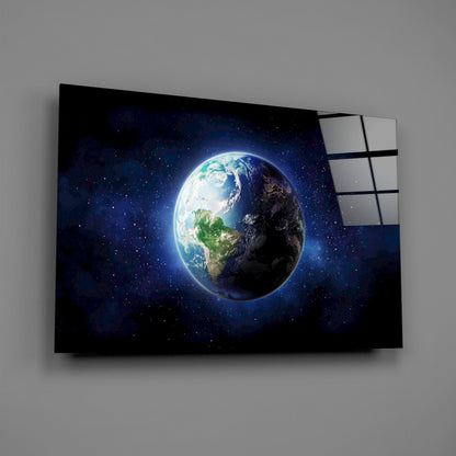 Half Lit Earth in Starry Blue Nebula Glass Wall Art