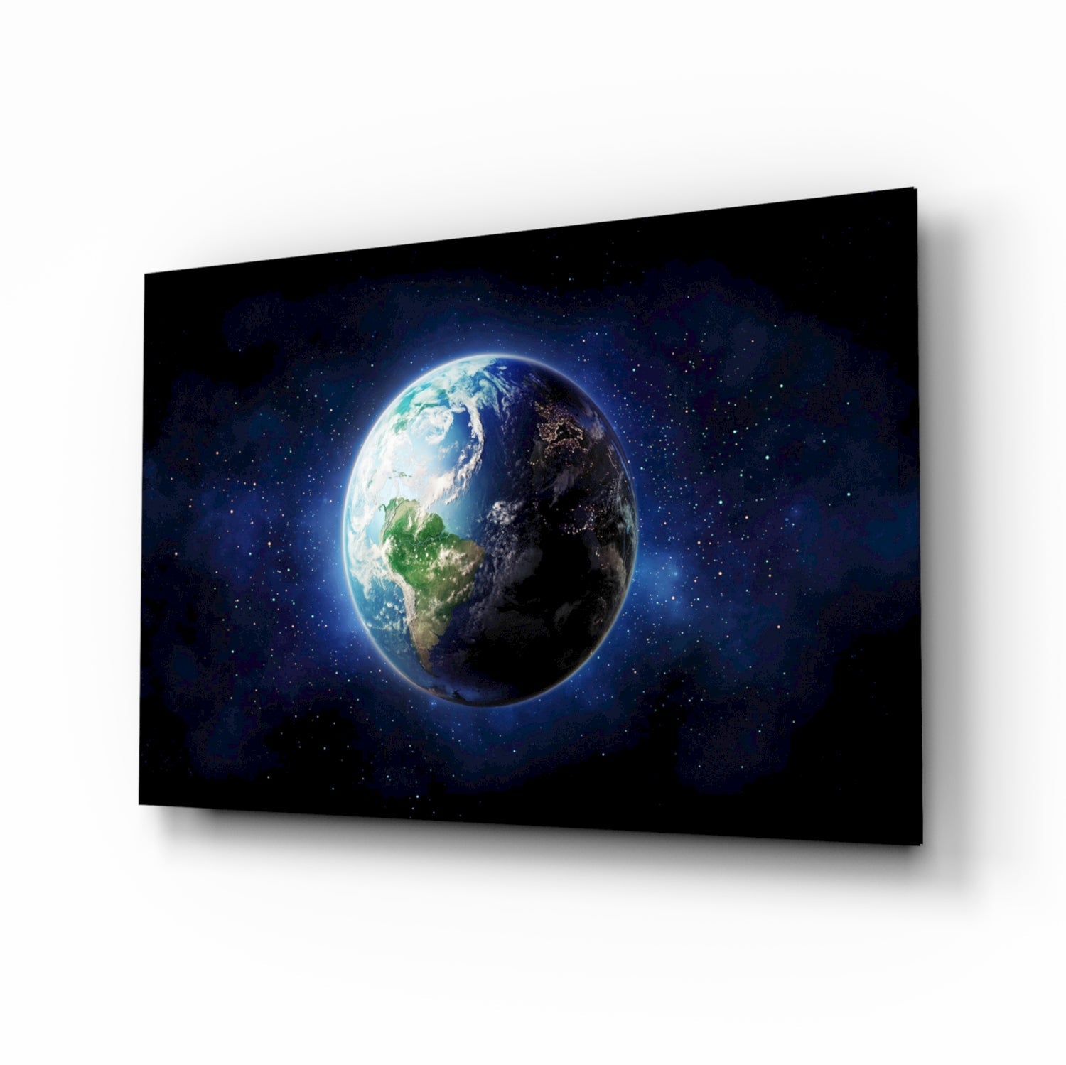 Half Lit Earth in Starry Blue Nebula Glass Wall Art