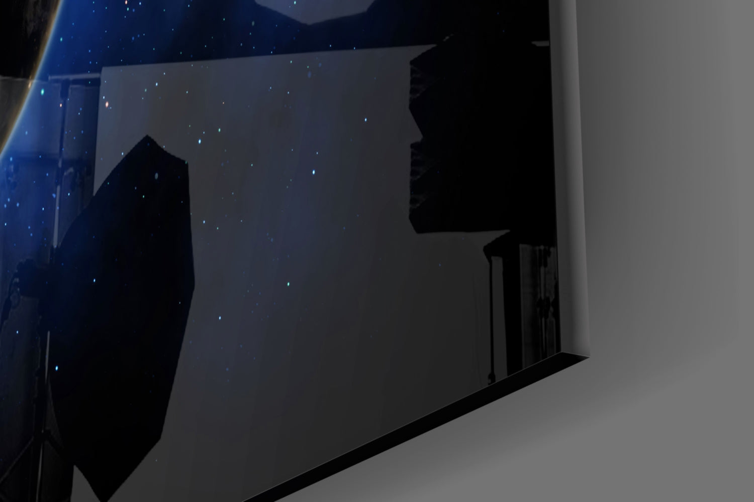 Half Lit Earth in Starry Blue Nebula Glass Wall Art