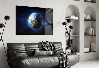 Half Lit Earth in Starry Blue Nebula Glass Wall Art