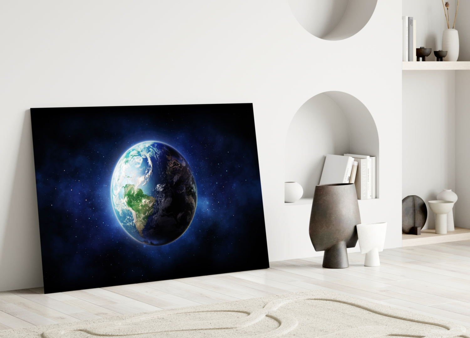 Half Lit Earth in Starry Blue Nebula Glass Wall Art