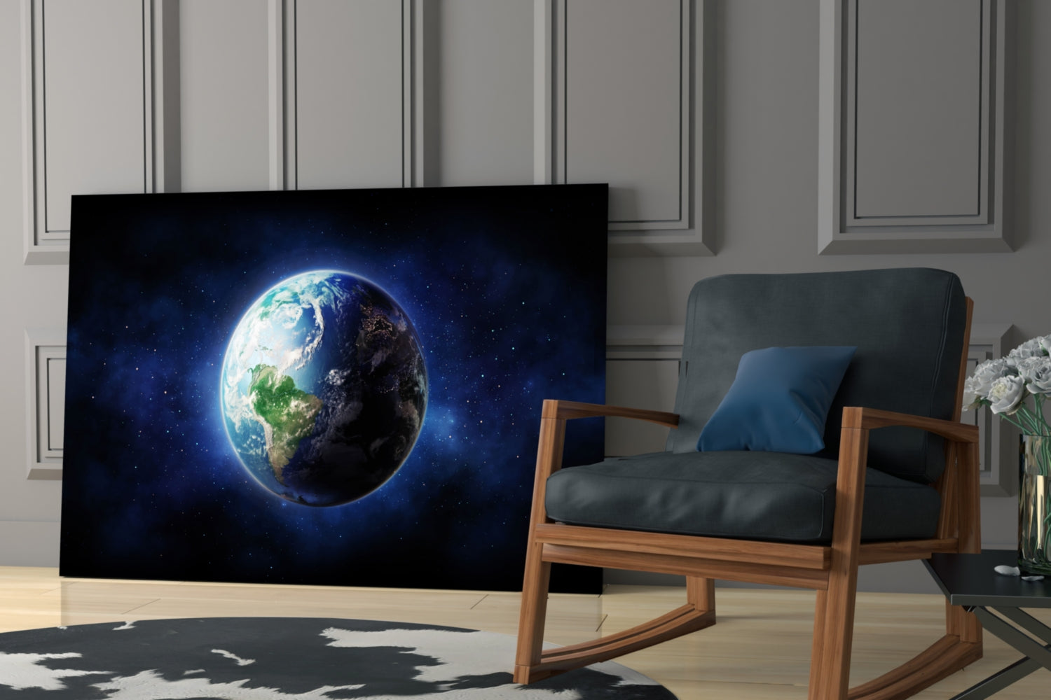 Half Lit Earth in Starry Blue Nebula Glass Wall Art