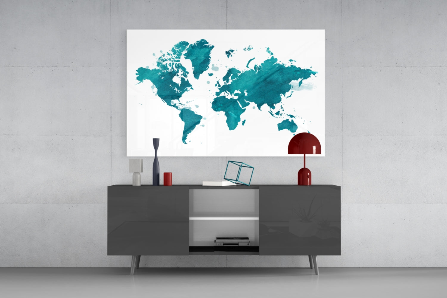 Teal Watercolor World Map Glass Wall Art