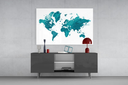 Teal Watercolor World Map Glass Wall Art