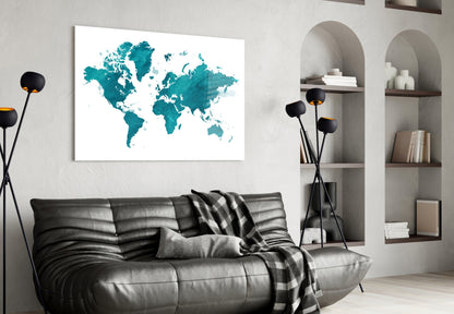 Teal Watercolor World Map Glass Wall Art