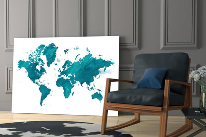 Teal Watercolor World Map Glass Wall Art