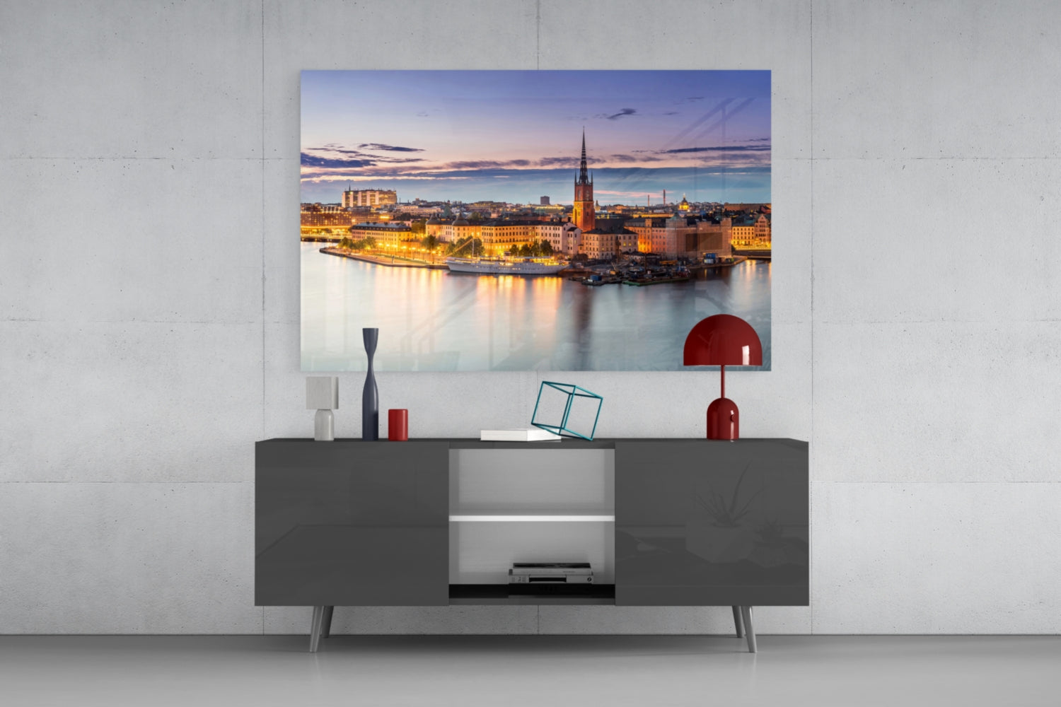 Stockholm Blue Dusk Waterfront Skyline Glass Wall Art
