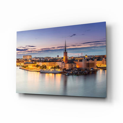 Stockholm Blue Dusk Waterfront Skyline Glass Wall Art