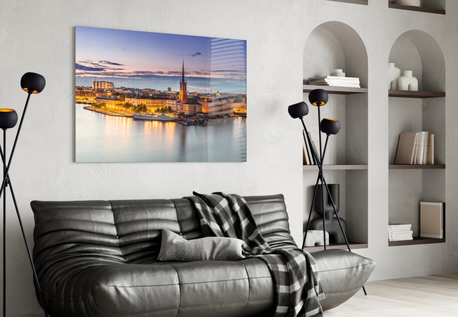 Stockholm Blue Dusk Waterfront Skyline Glass Wall Art