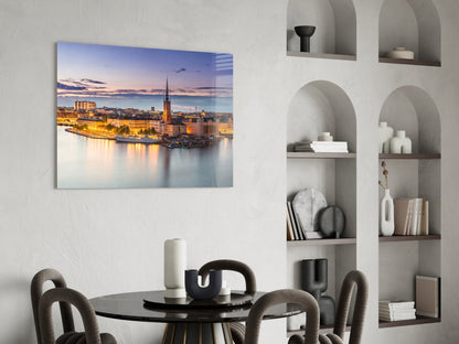 Stockholm Blue Dusk Waterfront Skyline Glass Wall Art