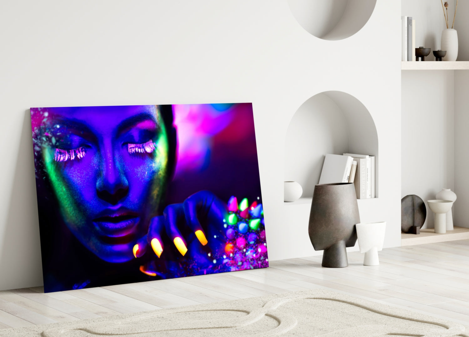 Glowing Gems Purple Blacklight Woman Glass Wall Art