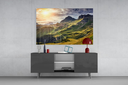 Sunlit Green Alpine Valley Ridge Glass Wall Art
