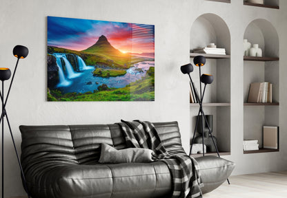 Kirkjufellsfoss Waterfall and View Glass Wall Art