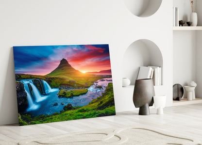 Kirkjufellsfoss Waterfall and View Glass Wall Art