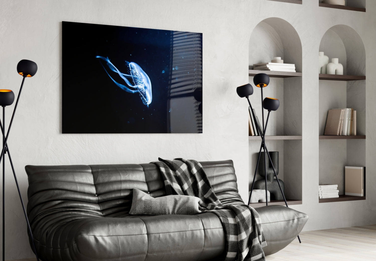 Solitary Blue Jellyfish Night Glass Wall Art