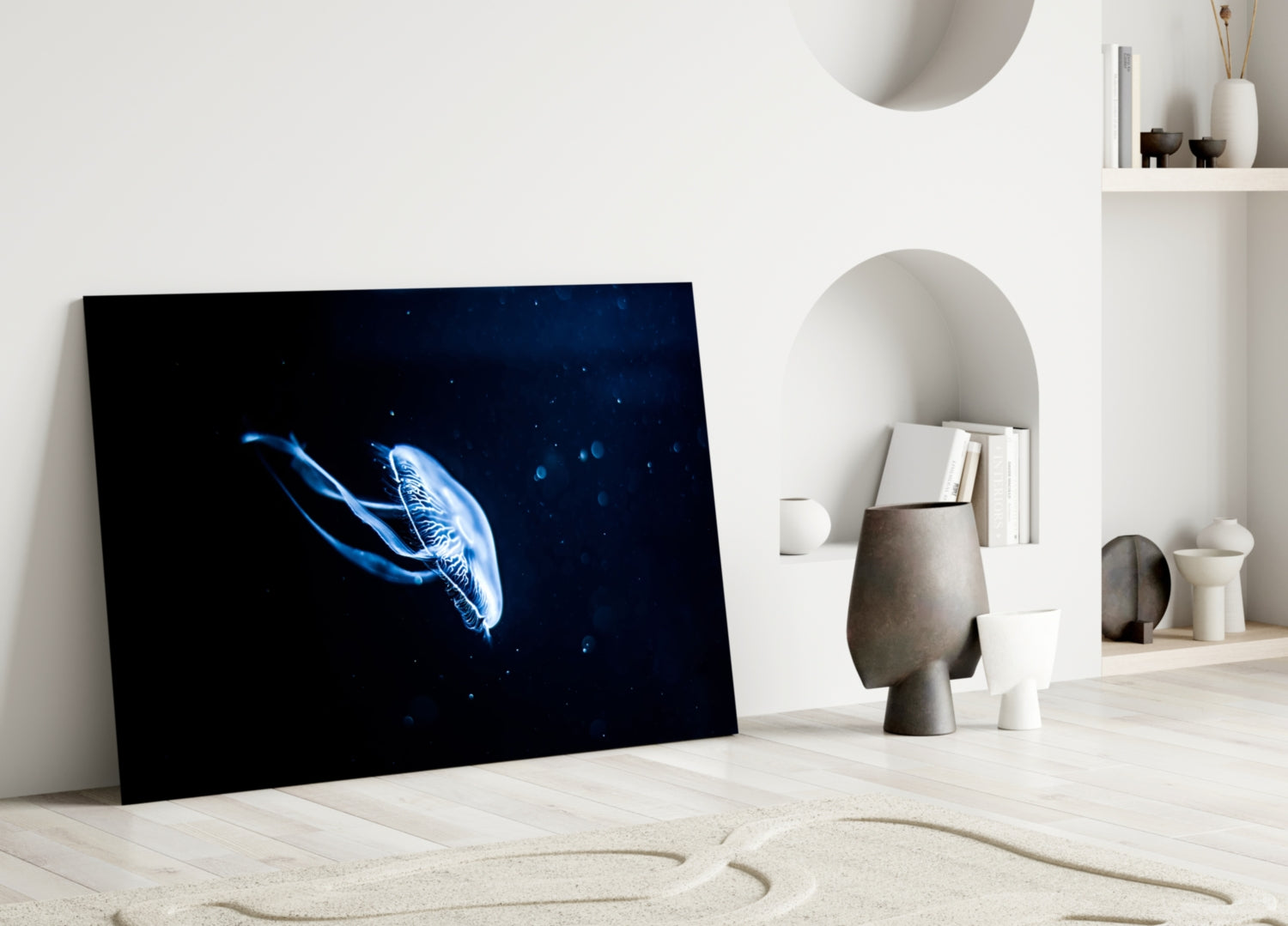Solitary Blue Jellyfish Night Glass Wall Art