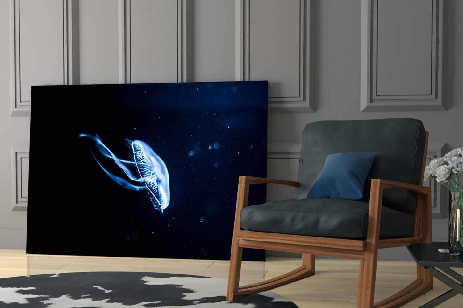 Solitary Blue Jellyfish Night Glass Wall Art