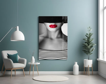 Red Lips Portrait Glass Wall Art