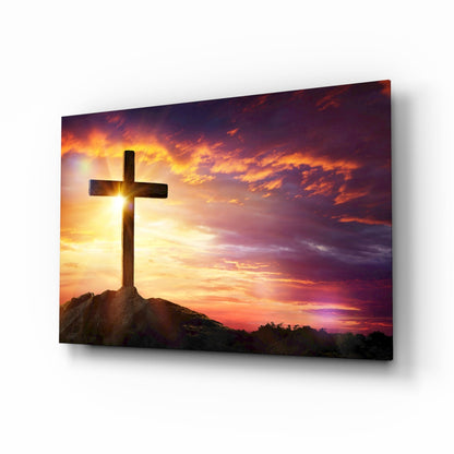 Golden Sunset Hilltop Cross Glass Wall Art