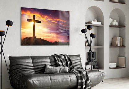 Golden Sunset Hilltop Cross Glass Wall Art