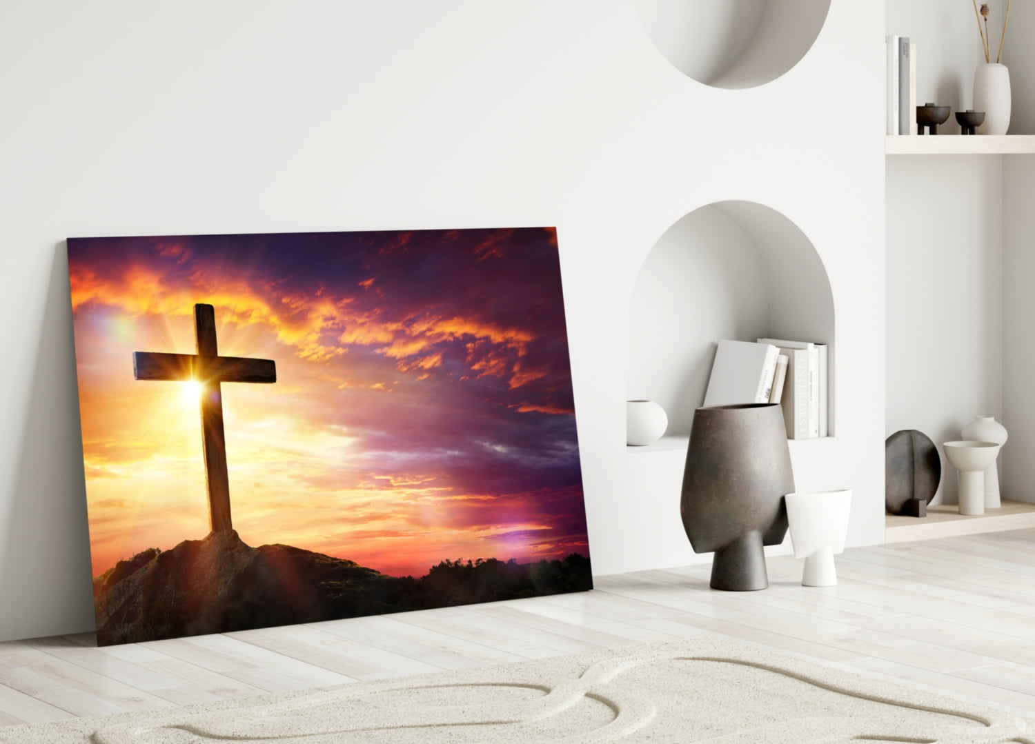 Golden Sunset Hilltop Cross Glass Wall Art