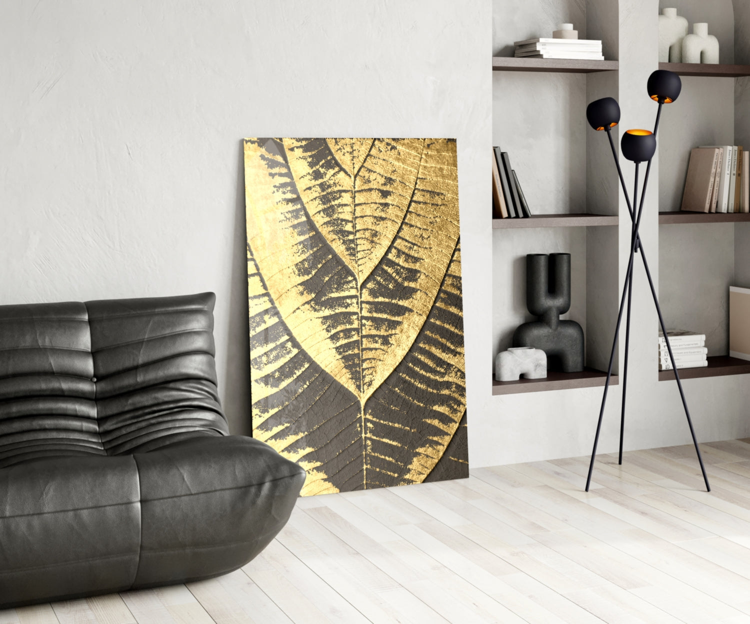 Gold Foil Leaf Veins on Charcoal Glass Wall Art