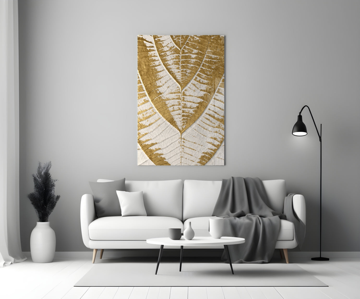 Golden Leaf Veins on Cream White Glass Wall Art