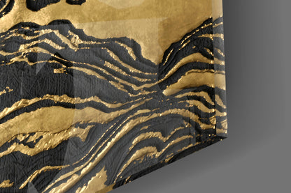 Black Marbled Ripple Golden Waves Glass Wall Art