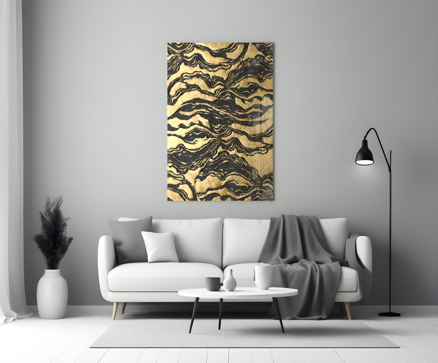 Black Marbled Ripple Golden Waves Glass Wall Art
