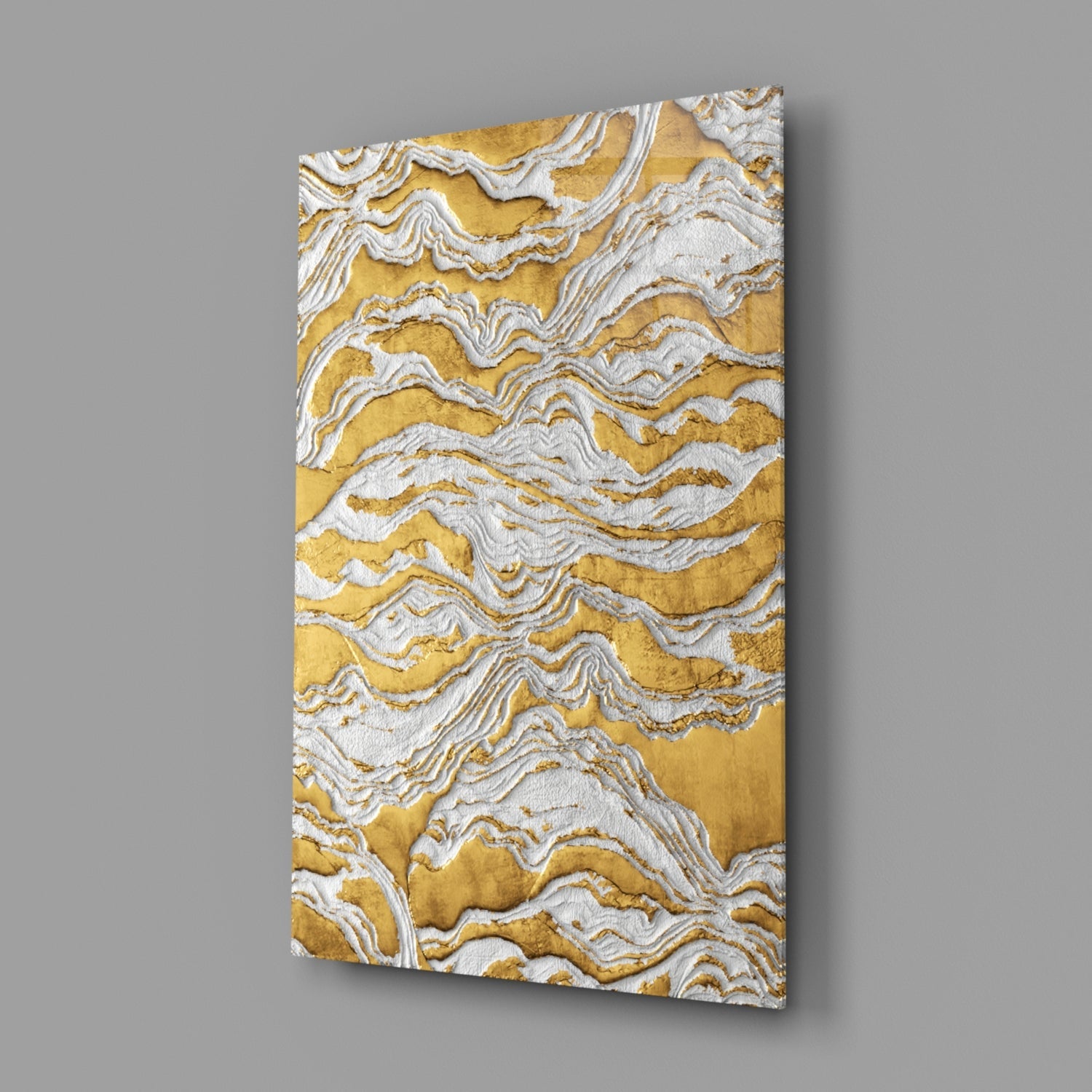 White Relief Ridges Golden Waves Glass Wall Art