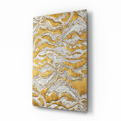 White Relief Ridges Golden Waves Glass Wall Art
