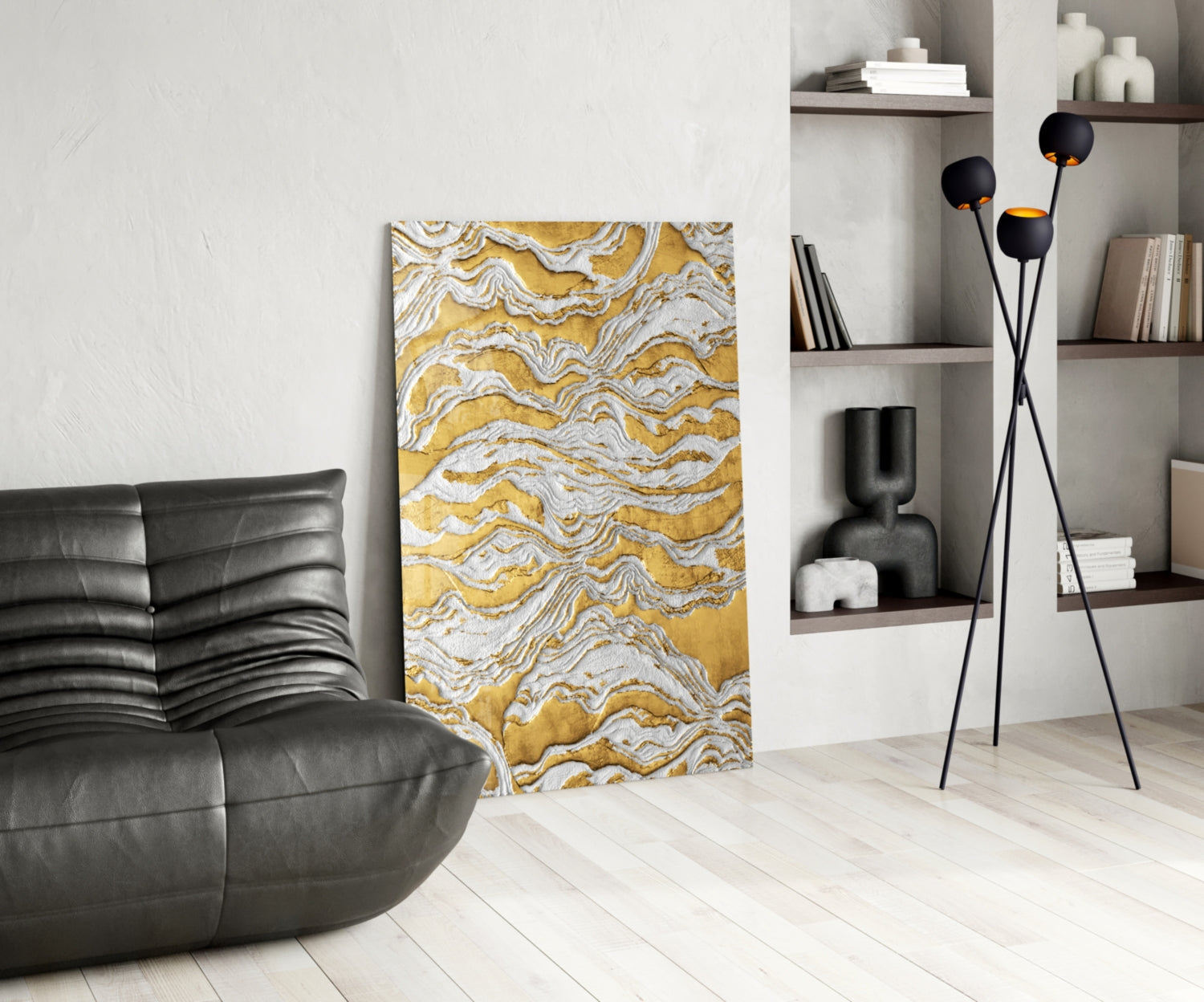 White Relief Ridges Golden Waves Glass Wall Art