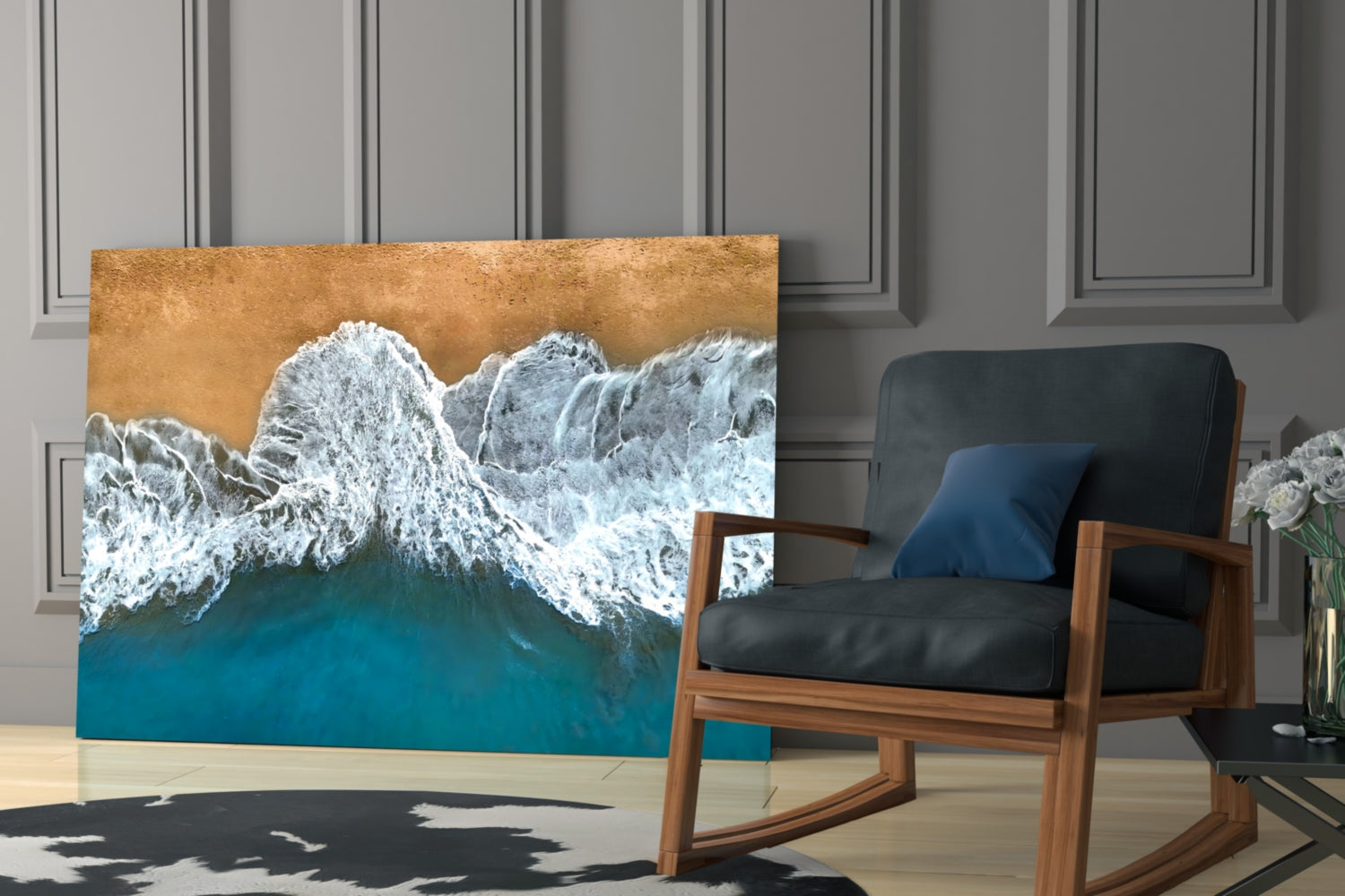 Aerial Golden Shore Waves Glass Wall Art